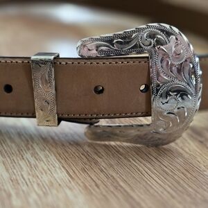 Elegant Silver Buckle Brown Leather Belt